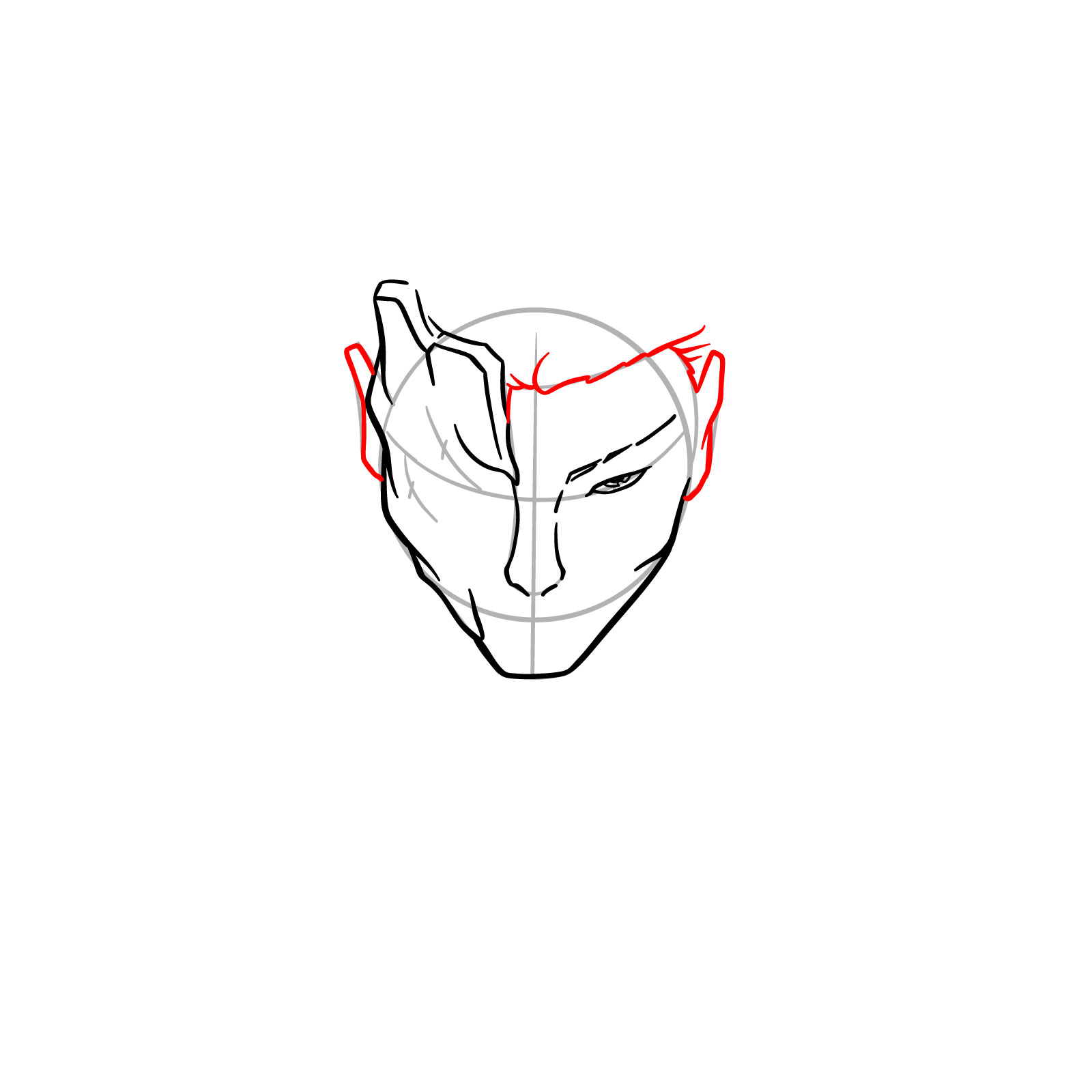 Step 8: Draw the outlines of Sukuna's ears and add the hairlines extending from the center to the right side of the drawing.