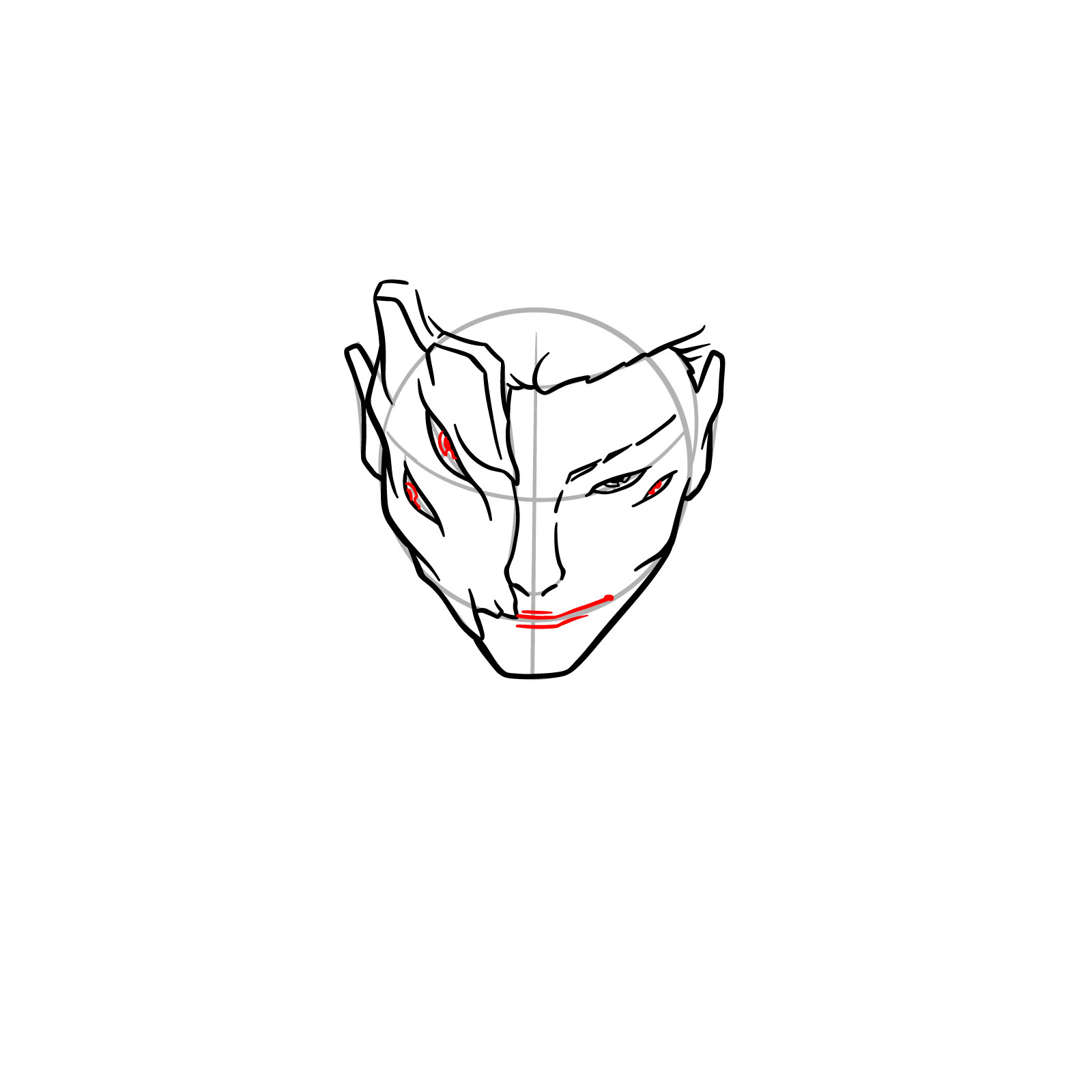 How to draw Sukuna's face – Step 10: Drawing the visible part of the mouth and adding pupils to the three additional eyes