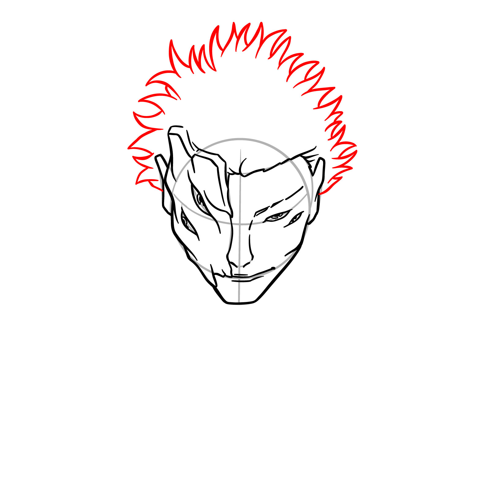 How to draw Sukuna's face – Step 11: Outlining the overall hairstyle