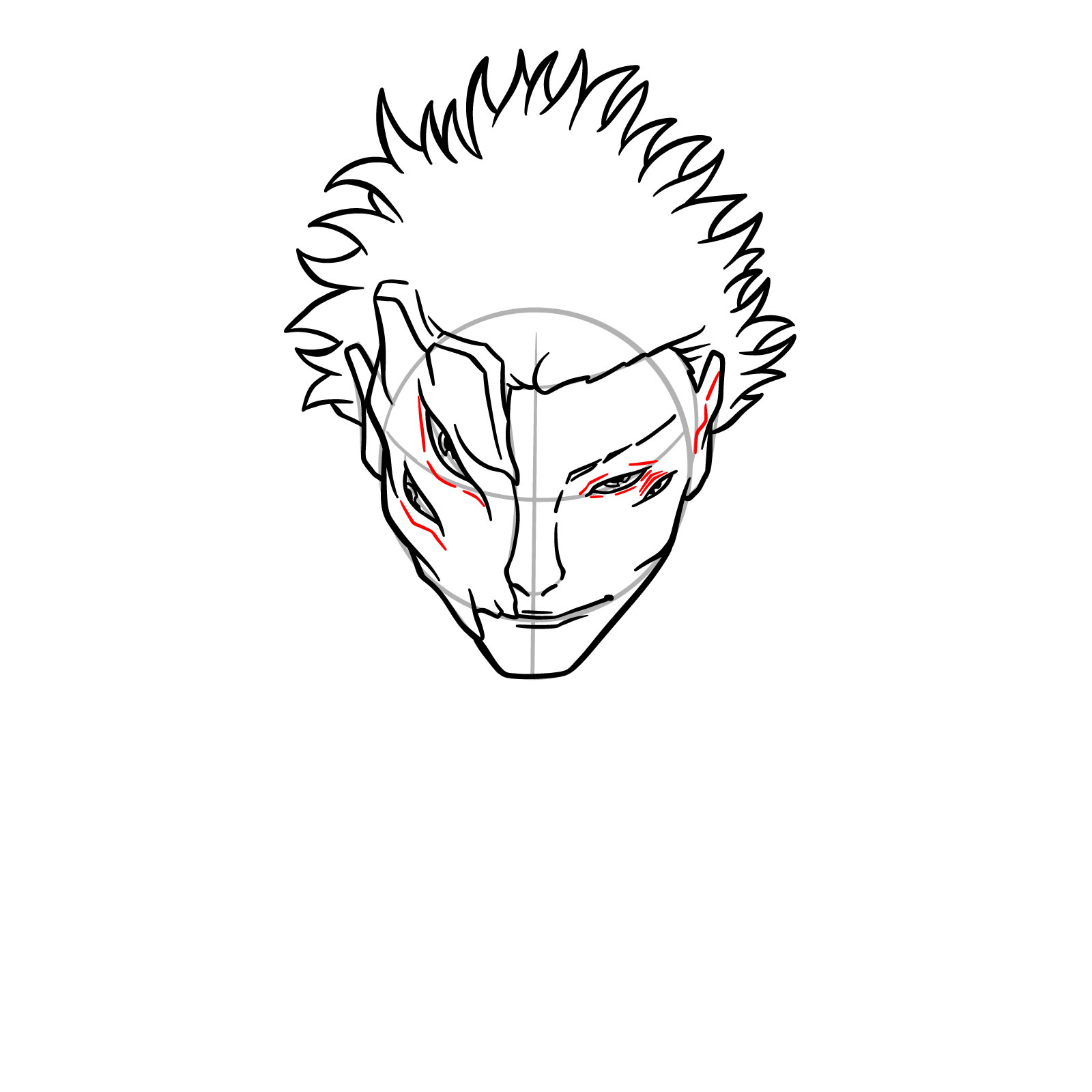 How to draw Sukuna's face – Step 12: Adding facial details around the eyes and extra lines to the ear on the right