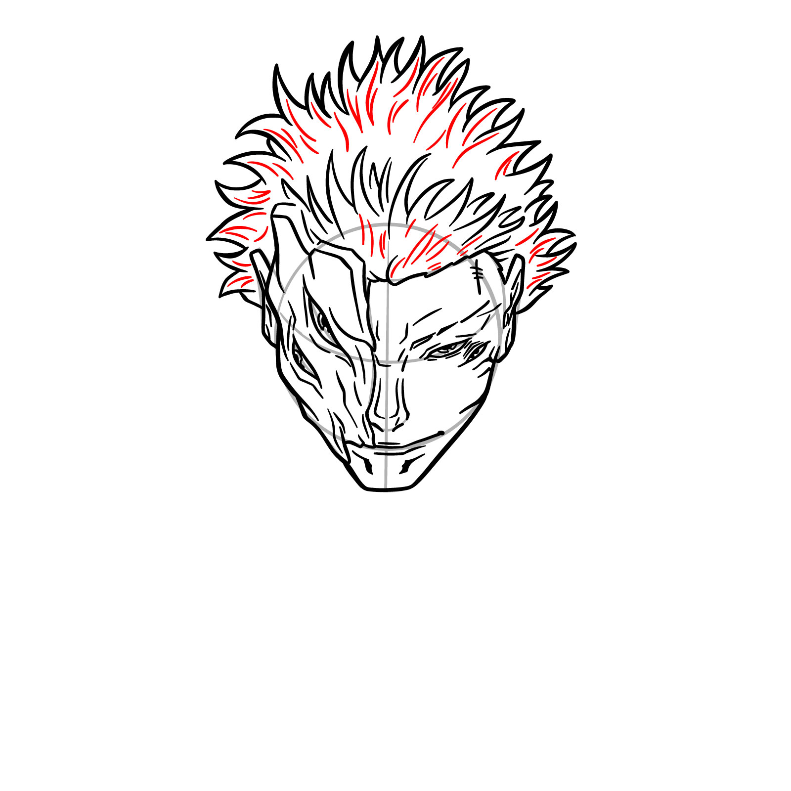 How to draw Sukuna's face – Step 15: Adding lines to the hairstyle for volume and texture