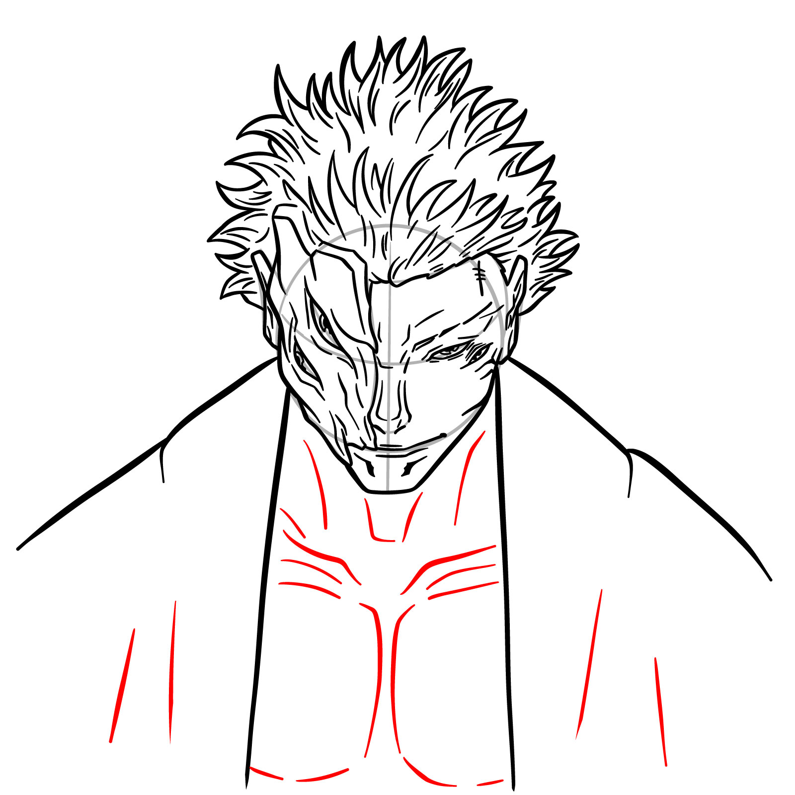 How to draw Sukuna's face – Step 17: Adding folds to the clothing and lines to define the chest and neck muscles