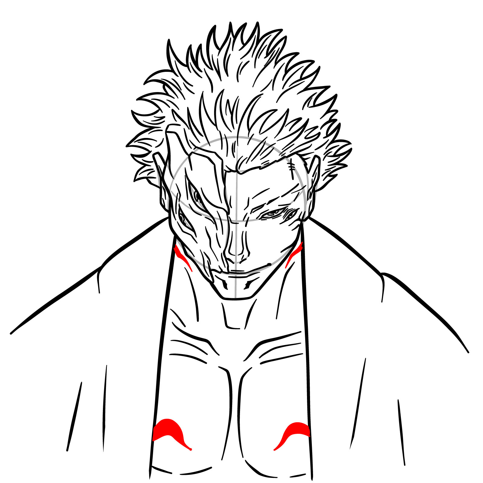 How to draw Sukuna's face – Step 18: Adding sharp black tattoos on the chest and neck