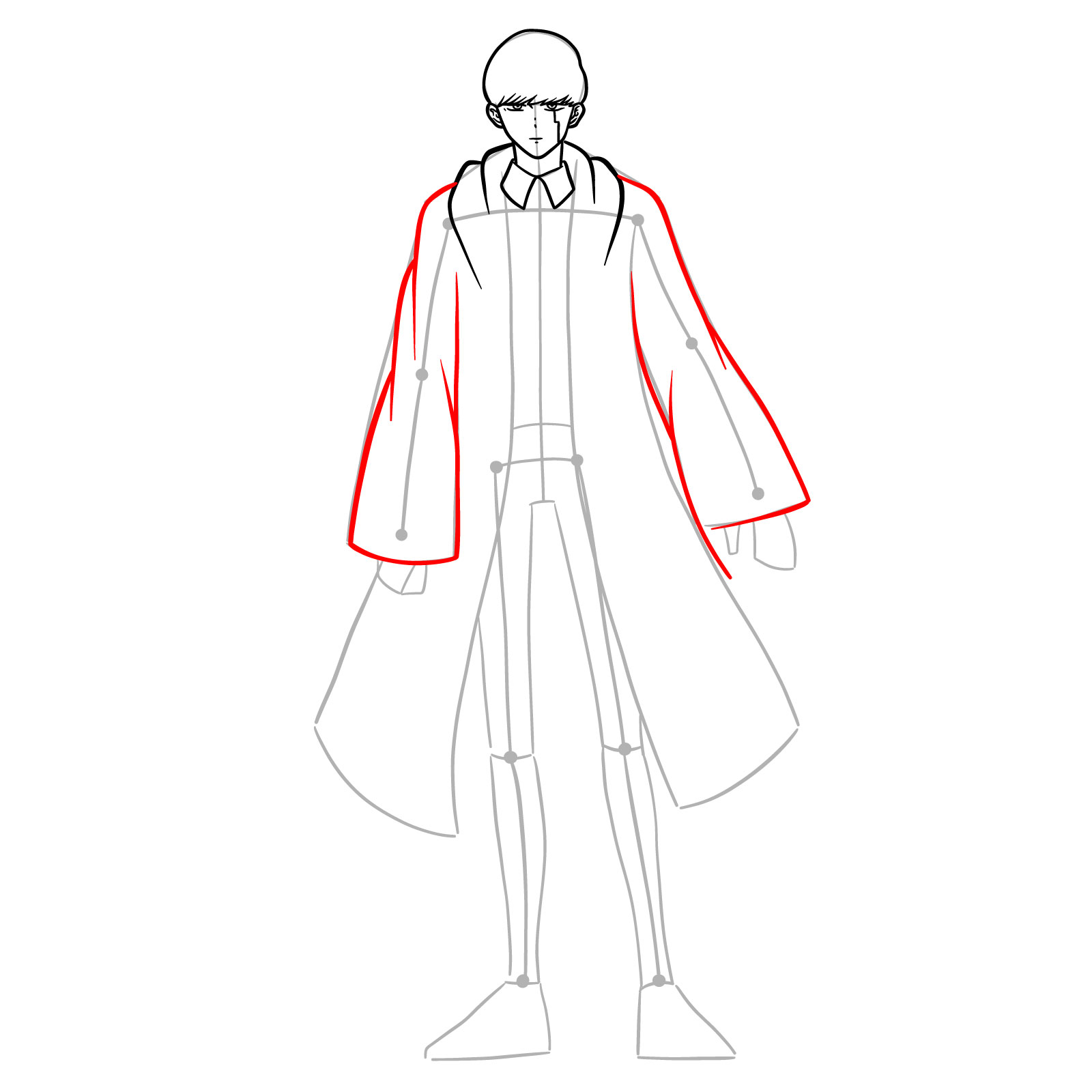Step-by-step guide on drawing the sleeves of Mash's cloak in a full body sketch - step 10
