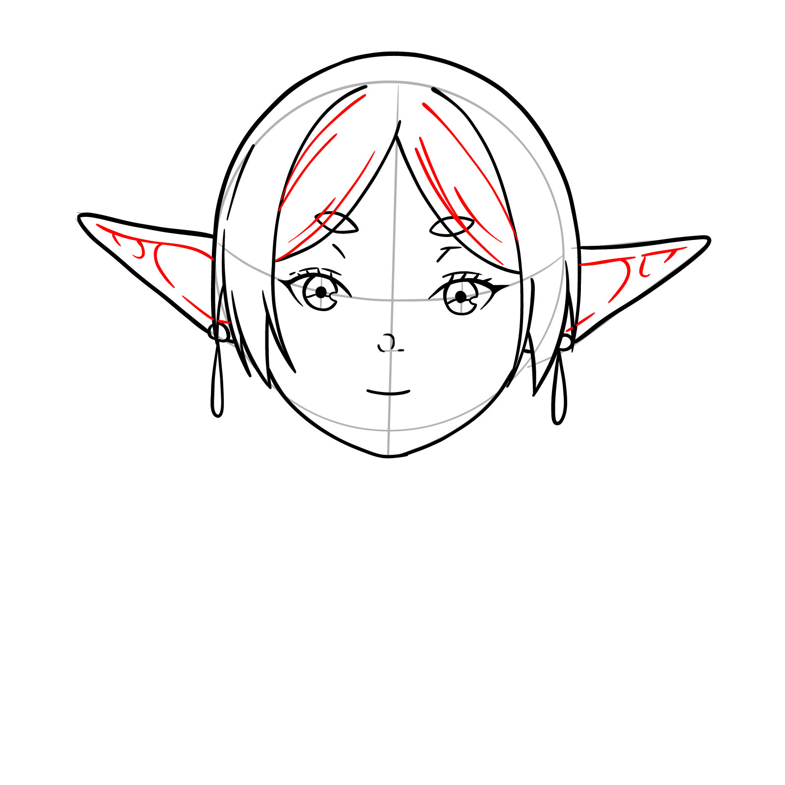Frieren's hair detailing around the ears in the sketch - step 10