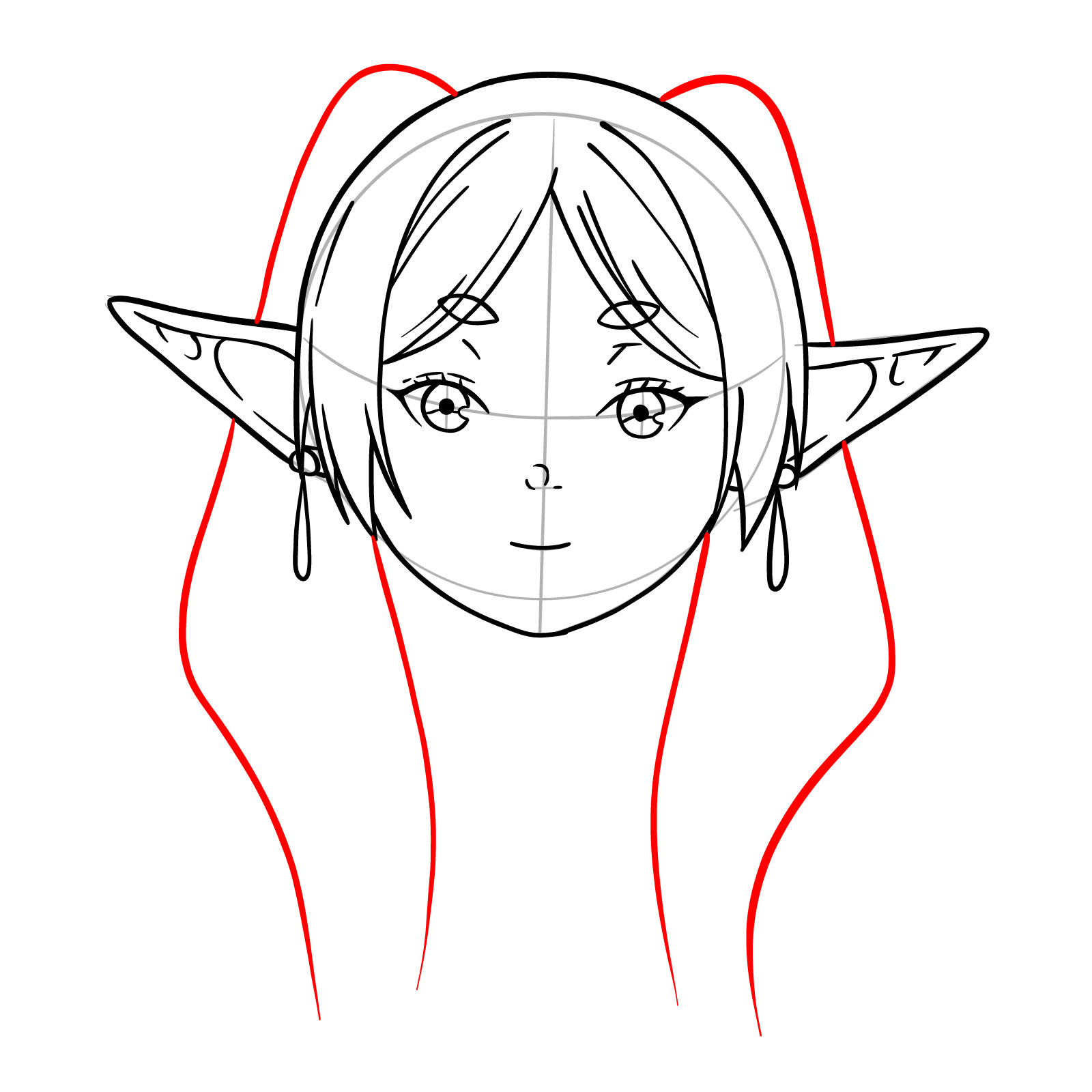 Outline for the start of Frieren's pigtails in the drawing - step 11