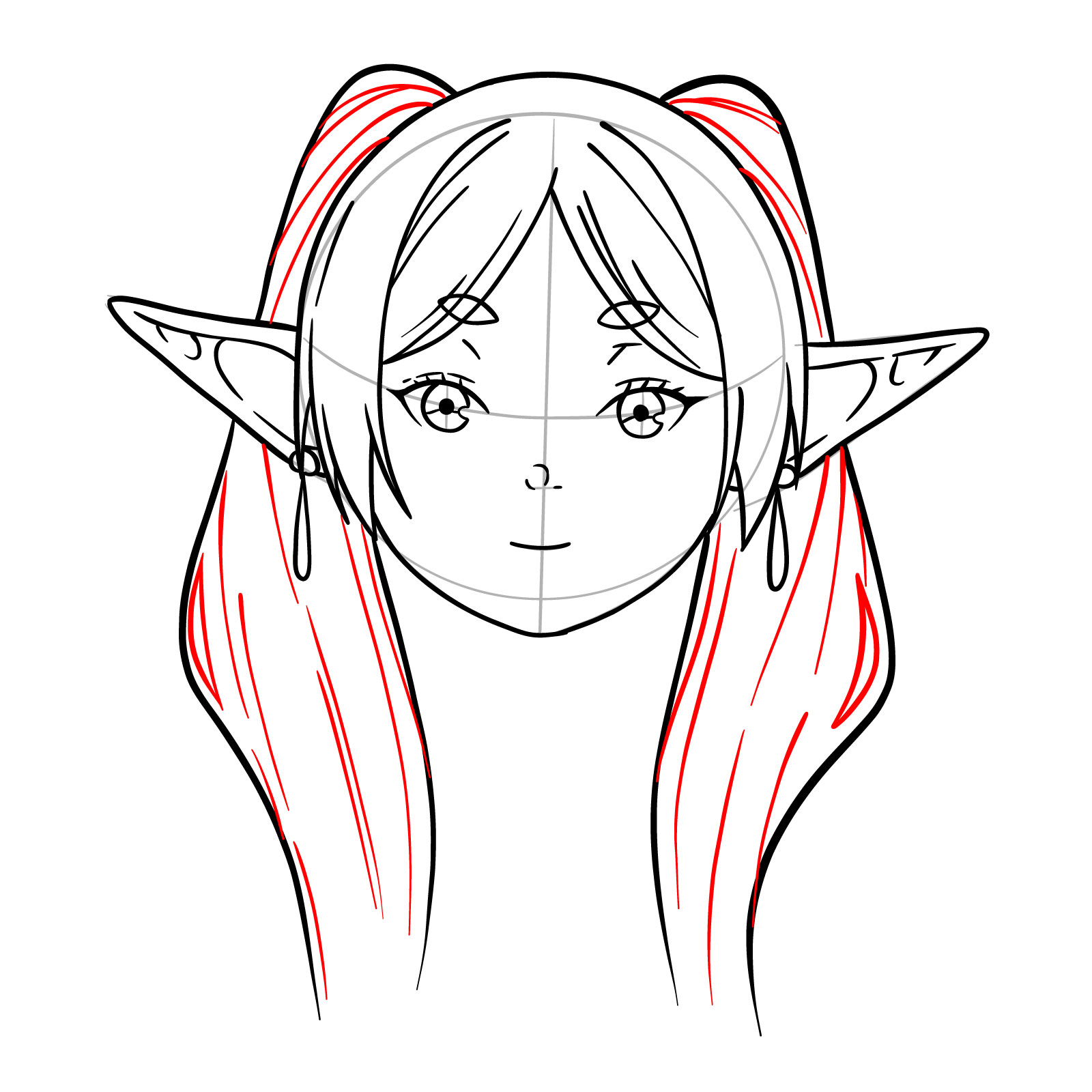 Adding inner detail to Frieren's pigtails in the sketch - step 12