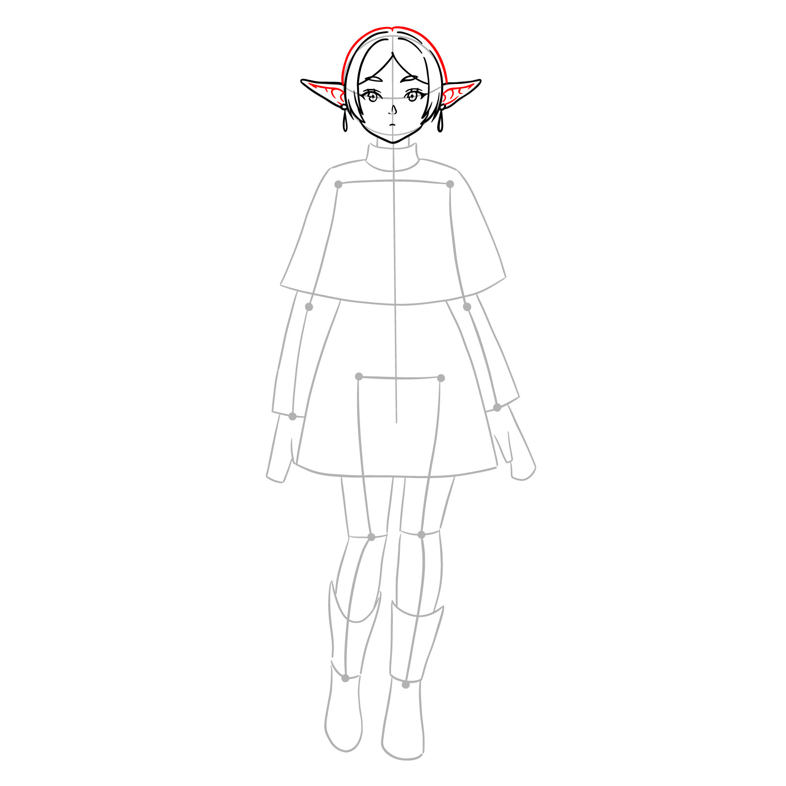 Completing the hair and ear details in Frieren's full body drawing - step 09