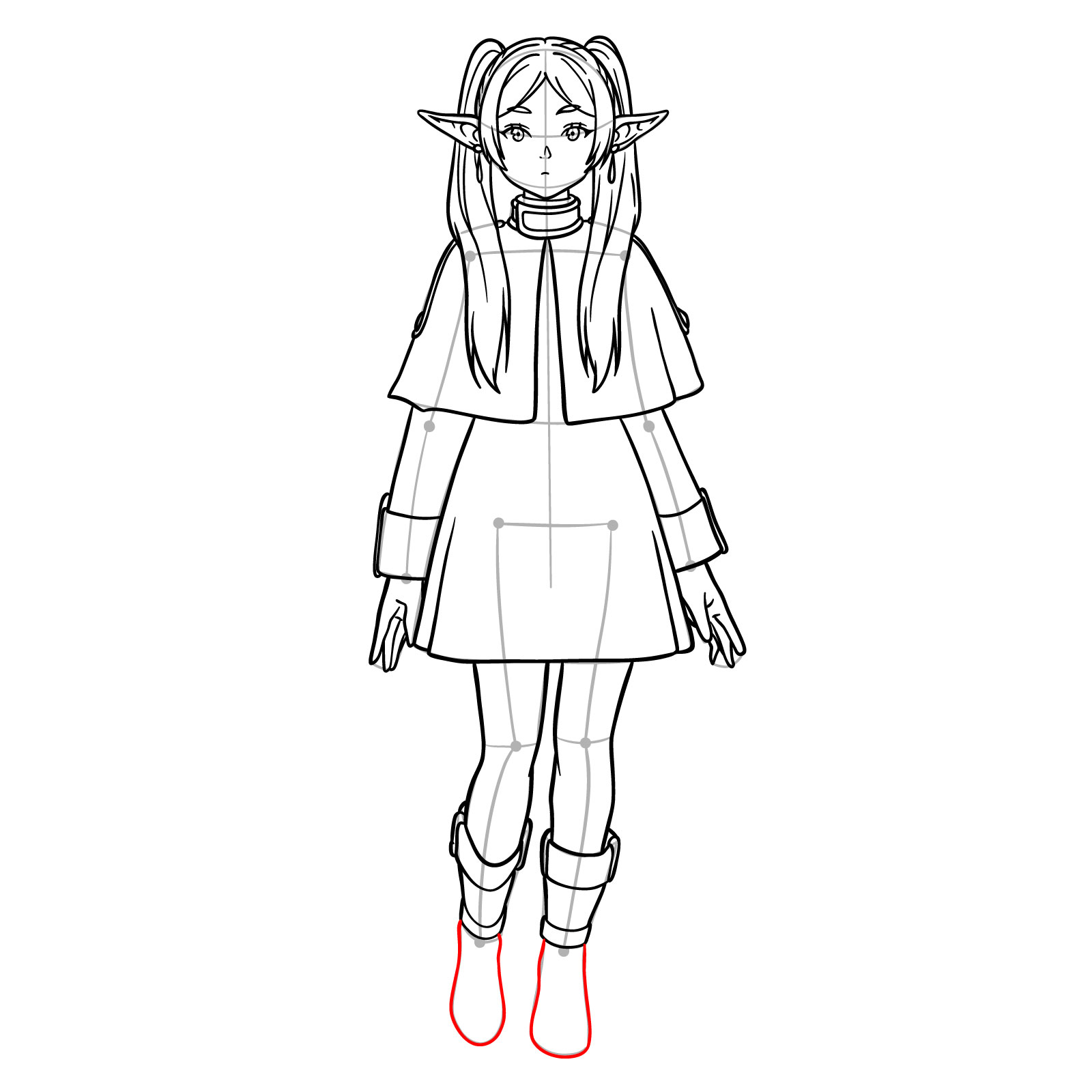 Full outline of Frieren's boots in her full body sketch - step 21
