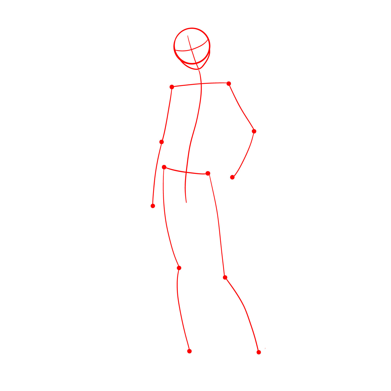 Stick figure outline with joints, head circle, and face guidelines for Momo Ayase drawing - step 01