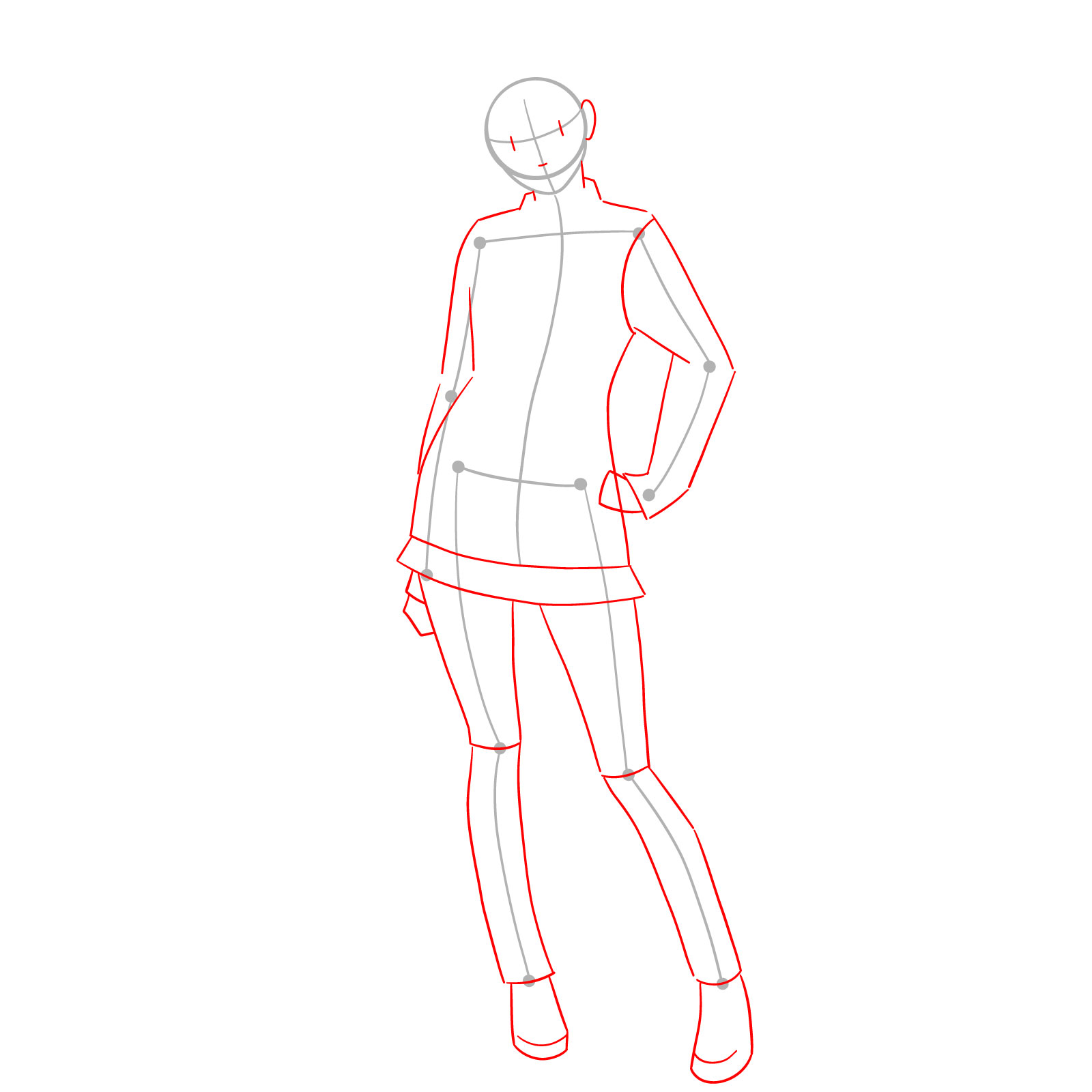 Rough figure and clothing shape with face and ear guides in Momo Ayase drawing - step 02