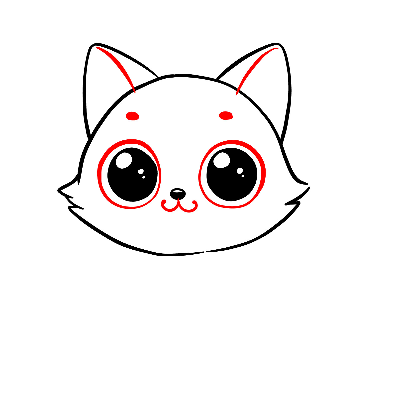 Detailing the kitten's face with eyes, mouth, and ear shapes - step 05