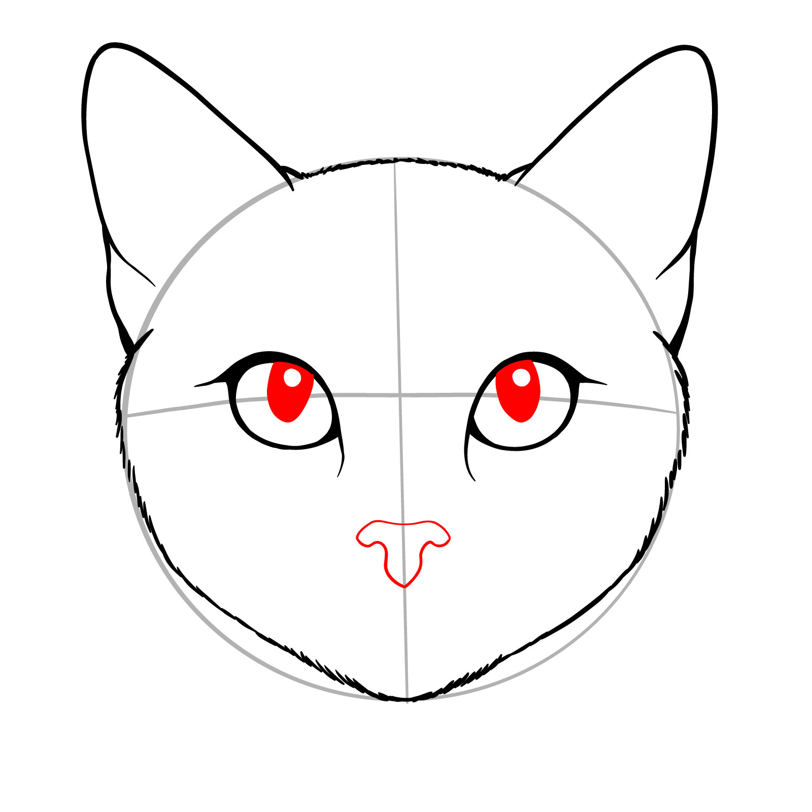 Sketch of a cat's face adding pupils, highlights, and nose detail - step 05