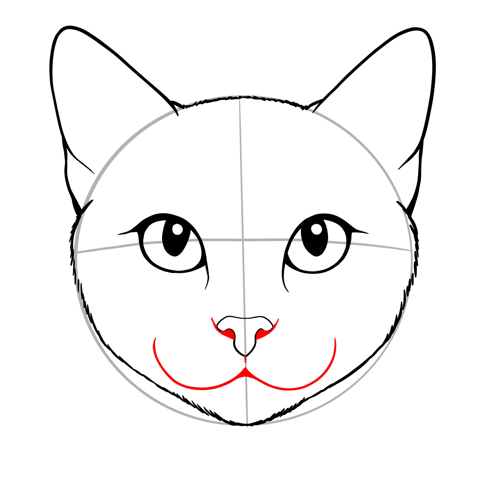 Enhanced sketch of cat's face with darkened nostrils and mouth shape - step 06