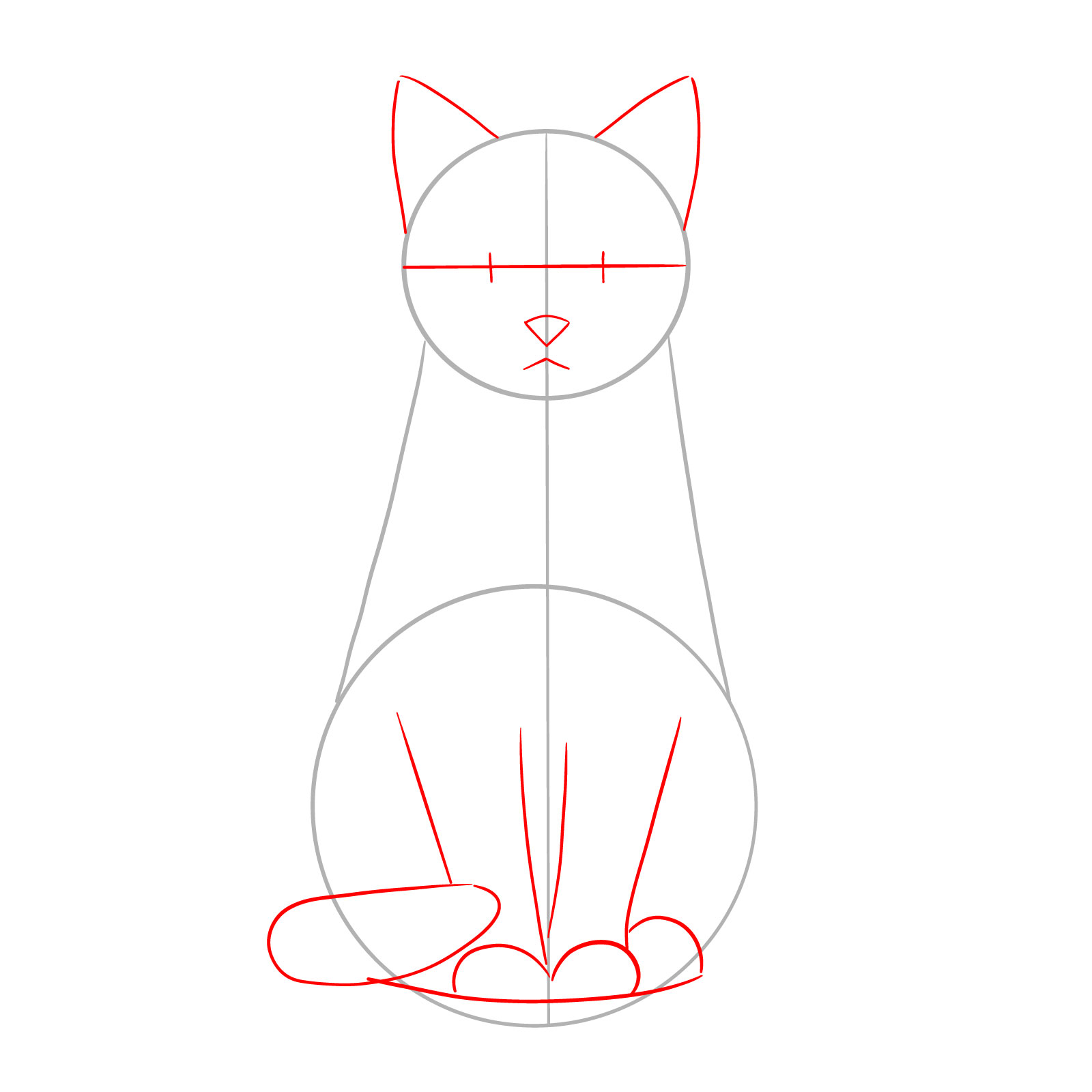 Initial guide lines for a sitting cat's facial features and basic leg shapes - step 02