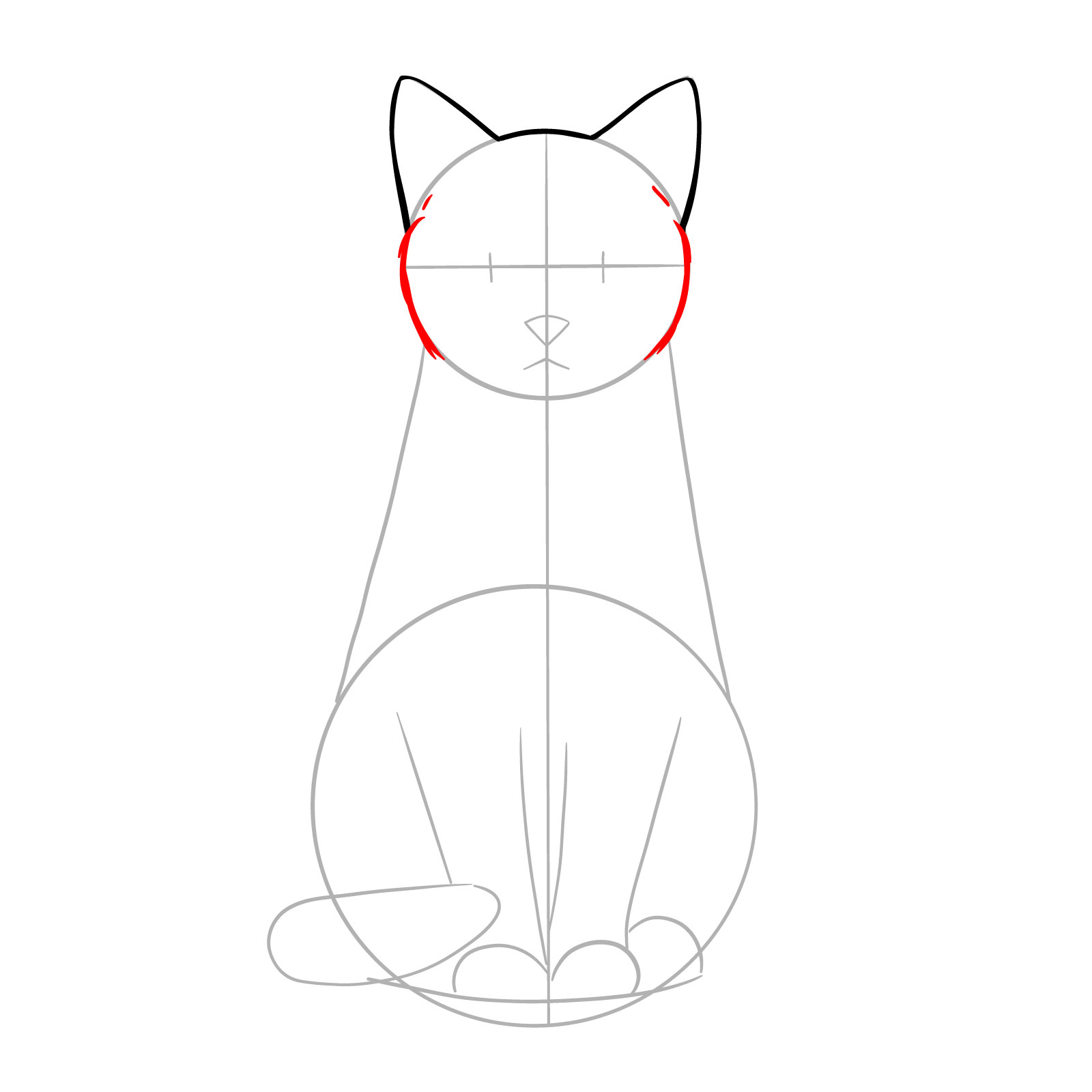 Sketching the cheekbones to shape the sides of a sitting cat's head - step 04