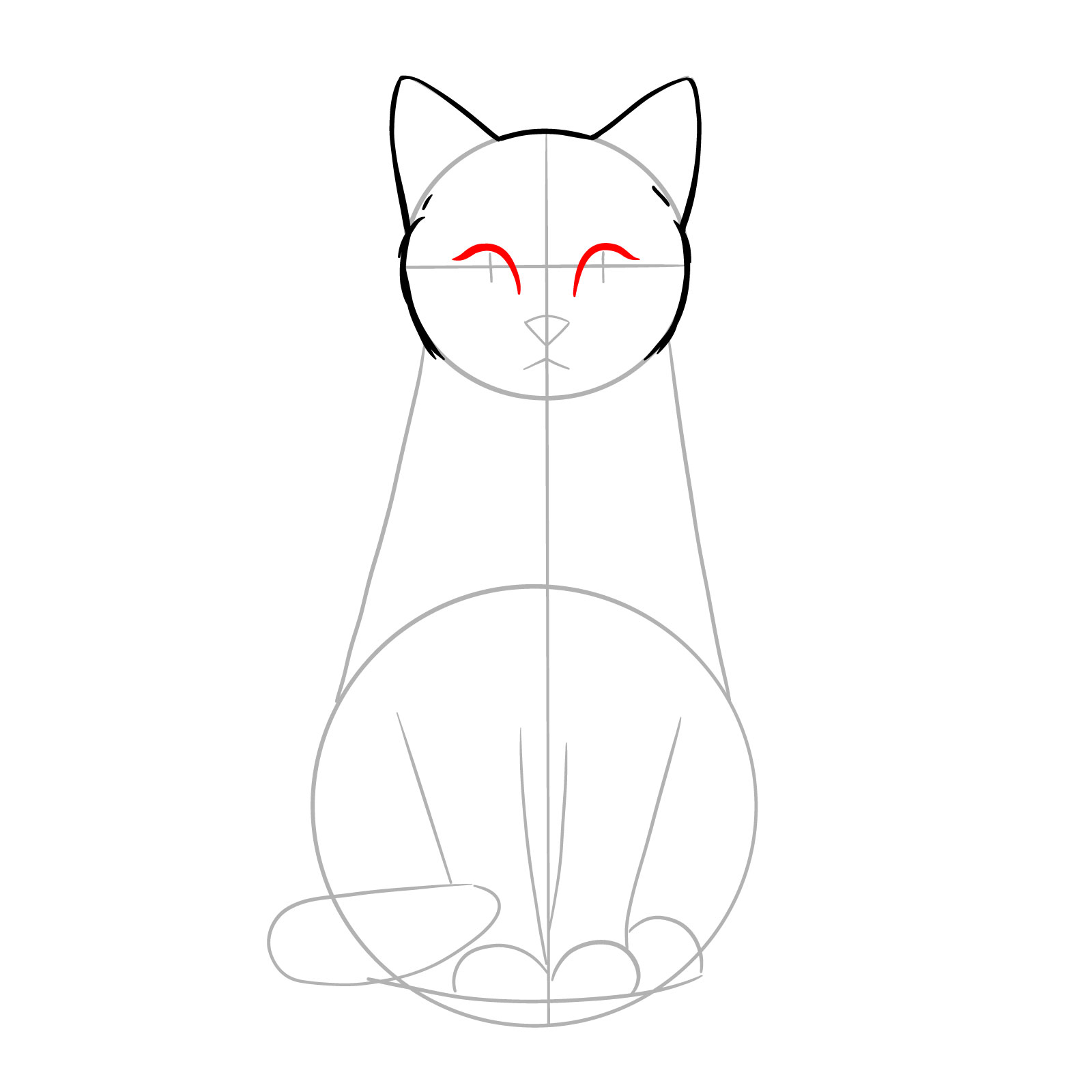 Sketch adding upper eyelids to a sitting cat drawing - step 05