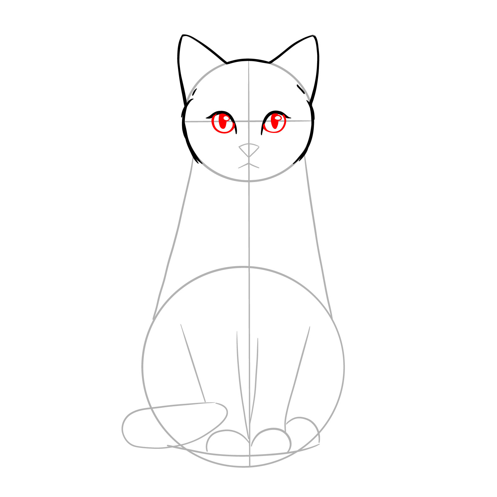 Detailed eye shapes and pupils in a sitting cat sketch - step 06