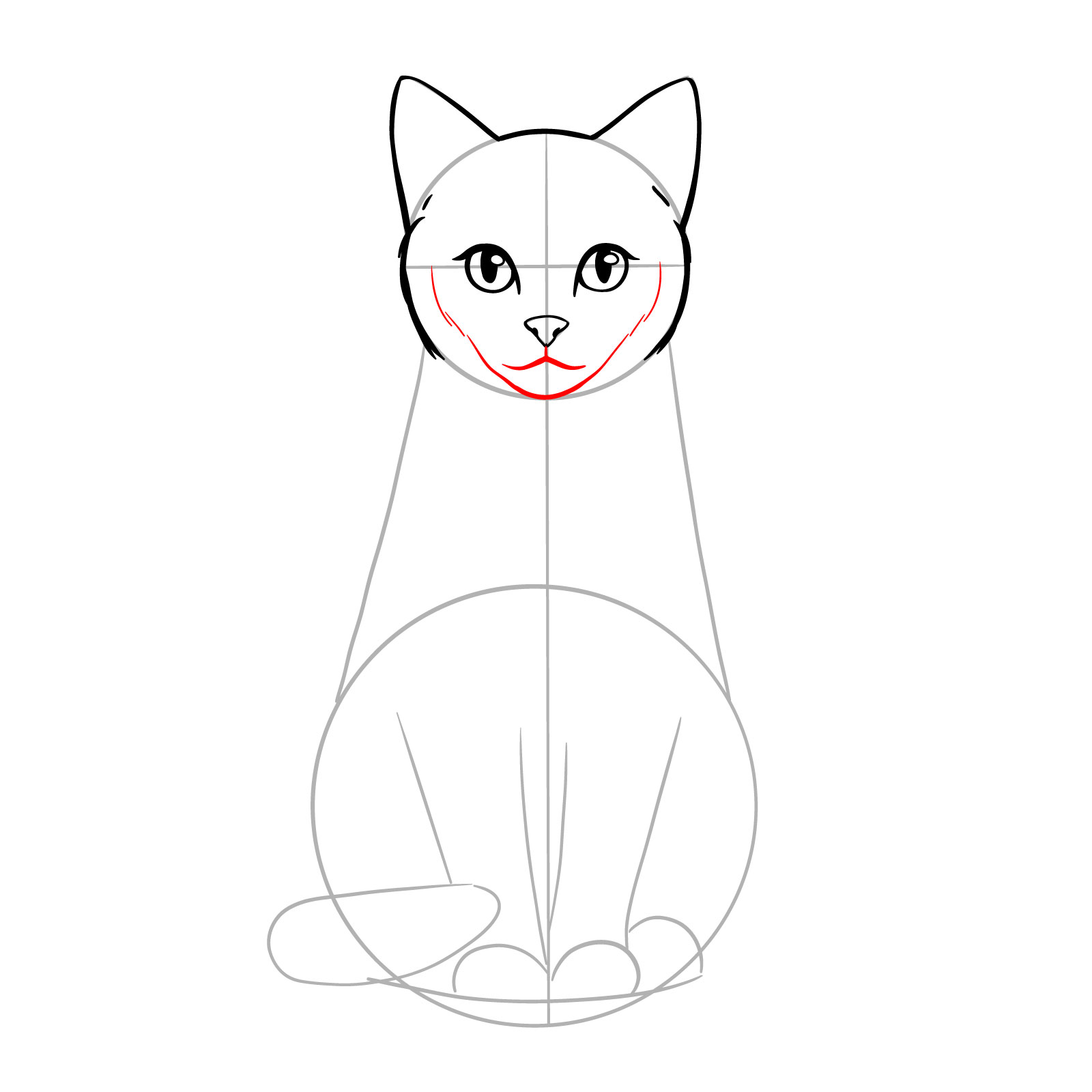 Adding mouth, chin, and whisker pads with fur texture to a sitting cat drawing - step 08