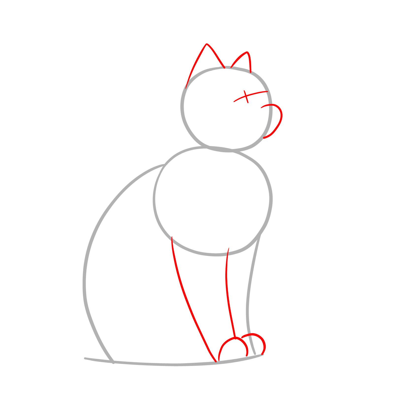 Adding facial guidelines and limbs to the cat sketch, with indications for eyes, muzzle, ears, and front paws - step 02