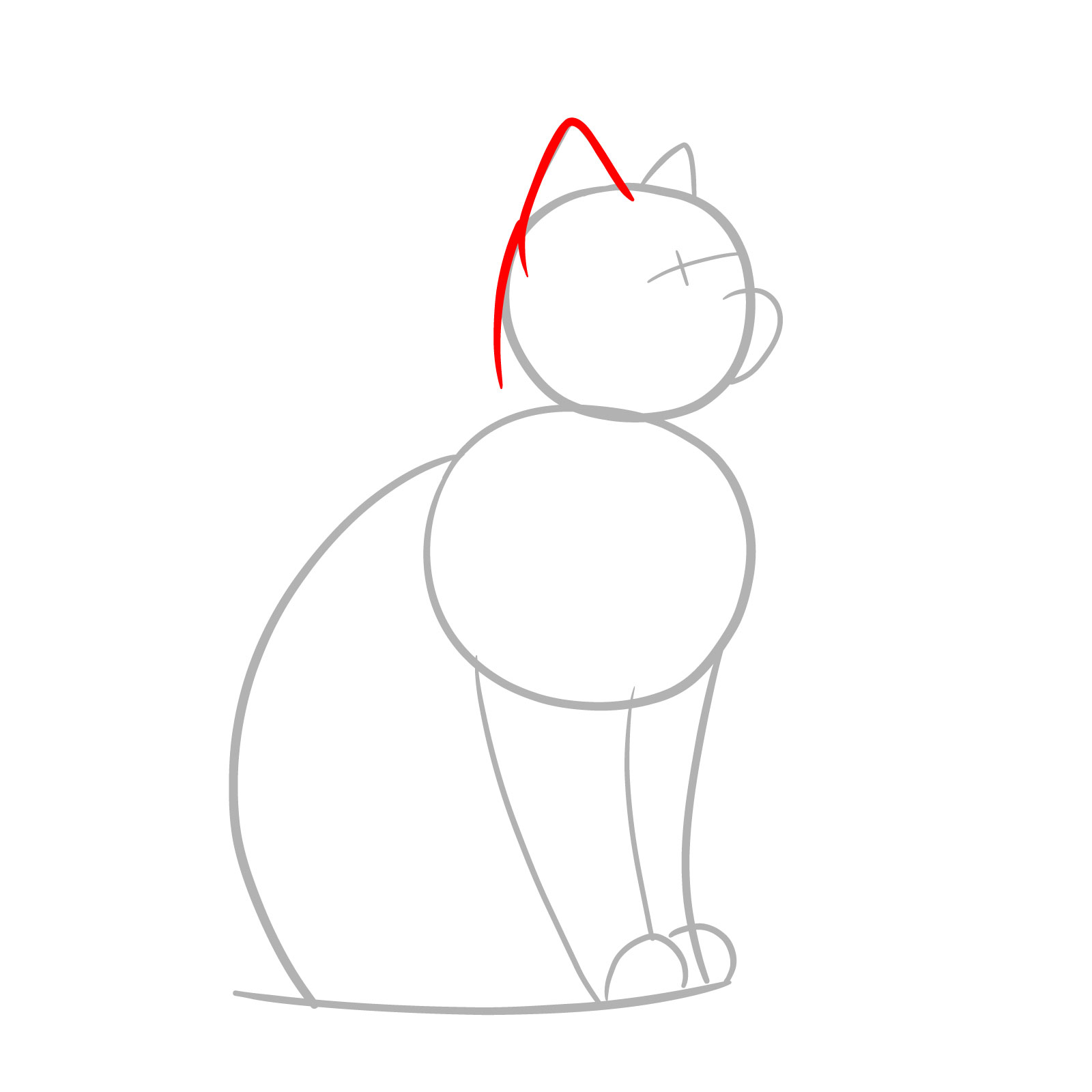 Detailing the cat's head with the first ear and the back curve, indicating how to draw a cat's face from a 3/4 view - step 03