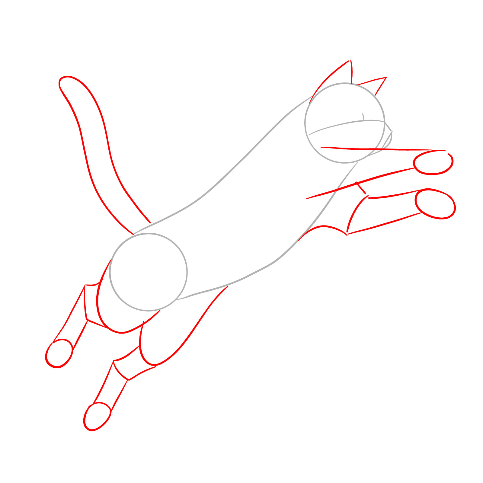 Outline of a cat's ears, tail, and legs added to the foundational sketch for a cat in a jump - step 02