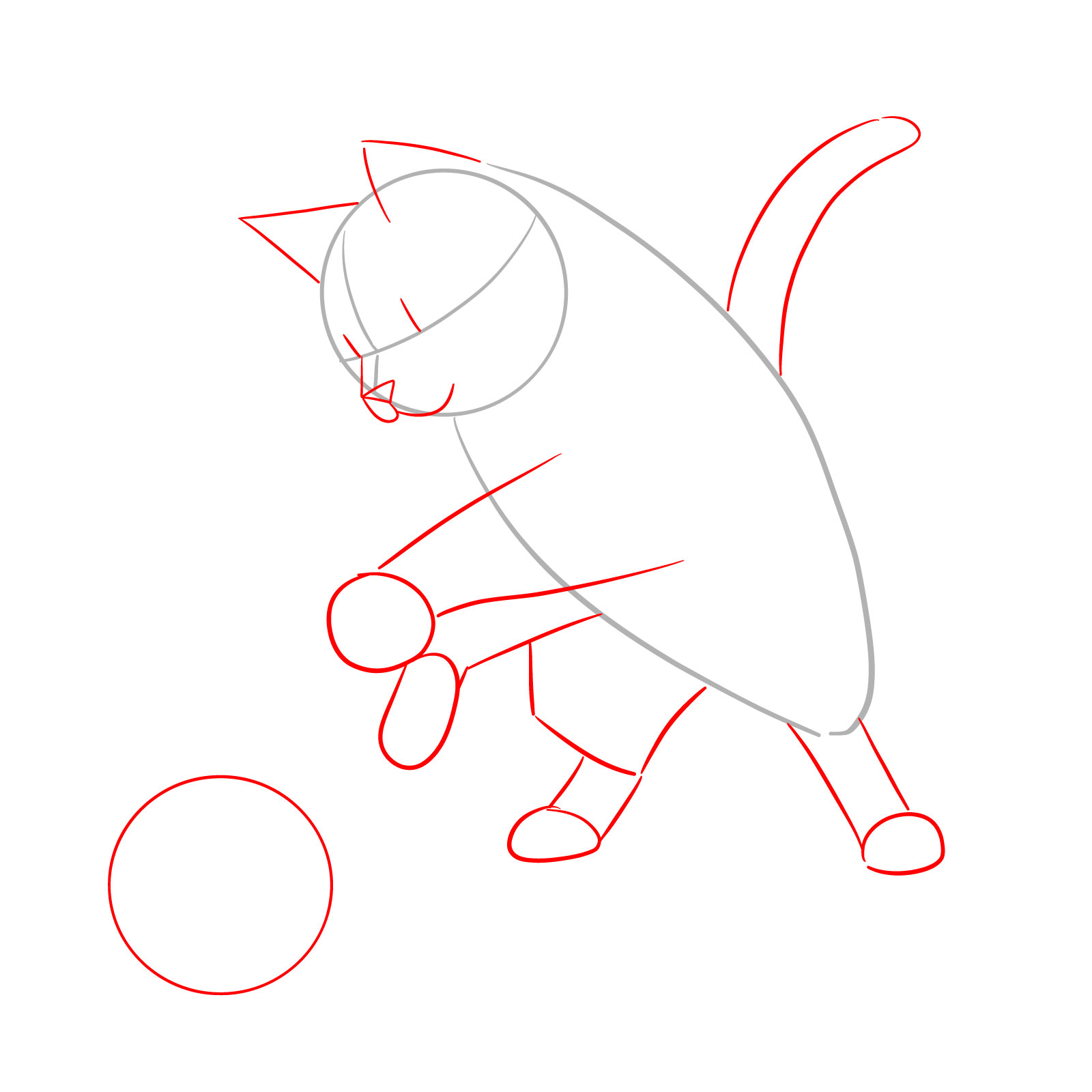 Drawing the foundational shapes for a cat's facial features, ears, limbs, and a ball - step 02