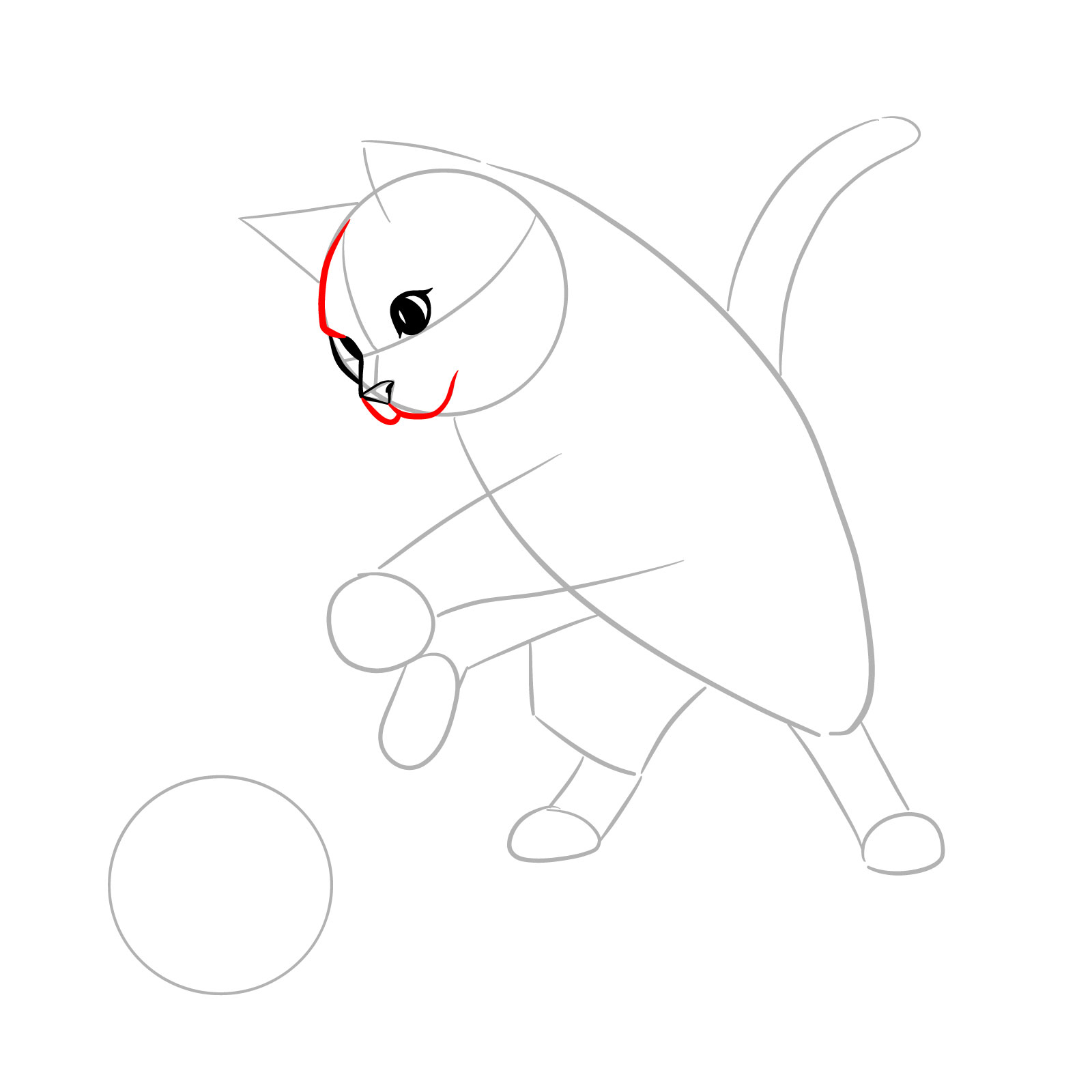 Sketch of a cat playing with a ball, adding details to the forehead and whisker pads - step 05