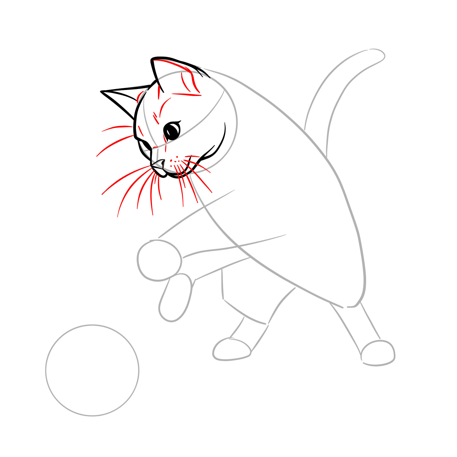 Drawing of a playful cat with whiskers, ear details, and fur texture added - step 07