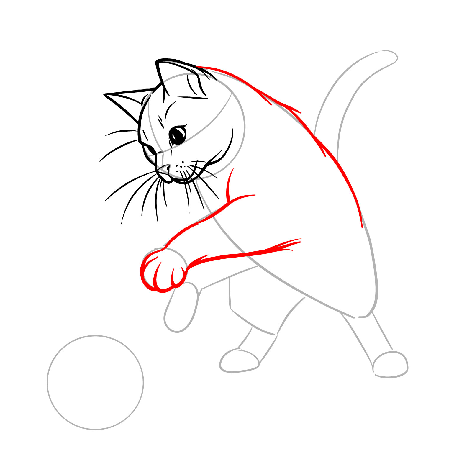 Cat playing with a ball, with the back and front leg sketched with short strokes to mimic fur - step 08