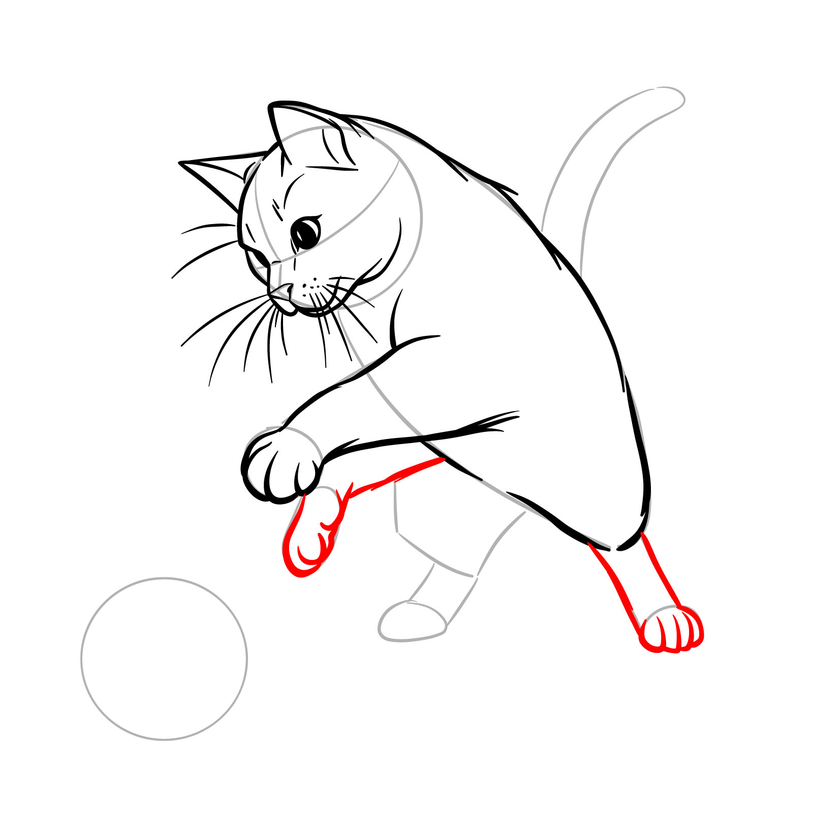 Illustration of a cat playing, finishing the rear leg and adding the second front leg - step 10