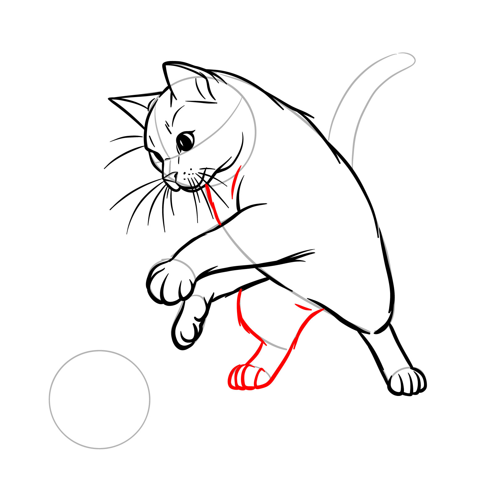 Detailed sketch of a playful cat with the body and second hind leg completed - step 11