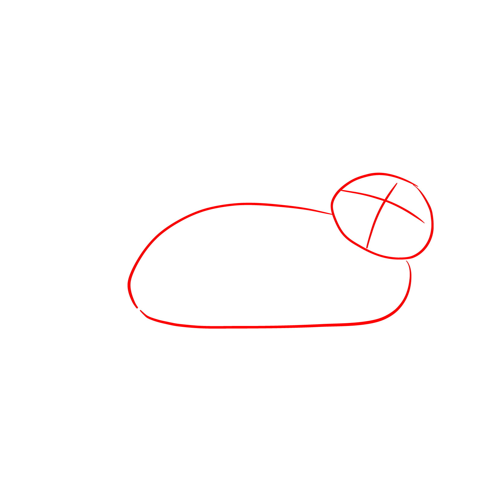 Sketch of a cat lying on its back with an oval shape for the body and head with guide lines - step 01