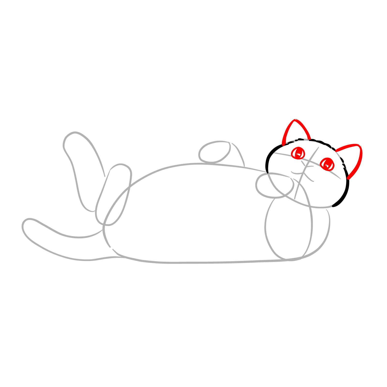 Sketch of a cat with eyes and ears outlined, showing a playful and relaxed pose - step 04