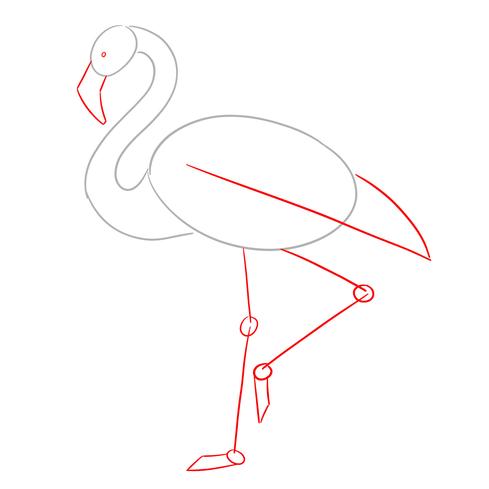 Beak, eye, and leg placement for how to draw a flamingo - step 02