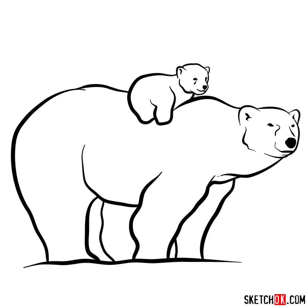 How to draw a polar bear mom with a baby bear on her back