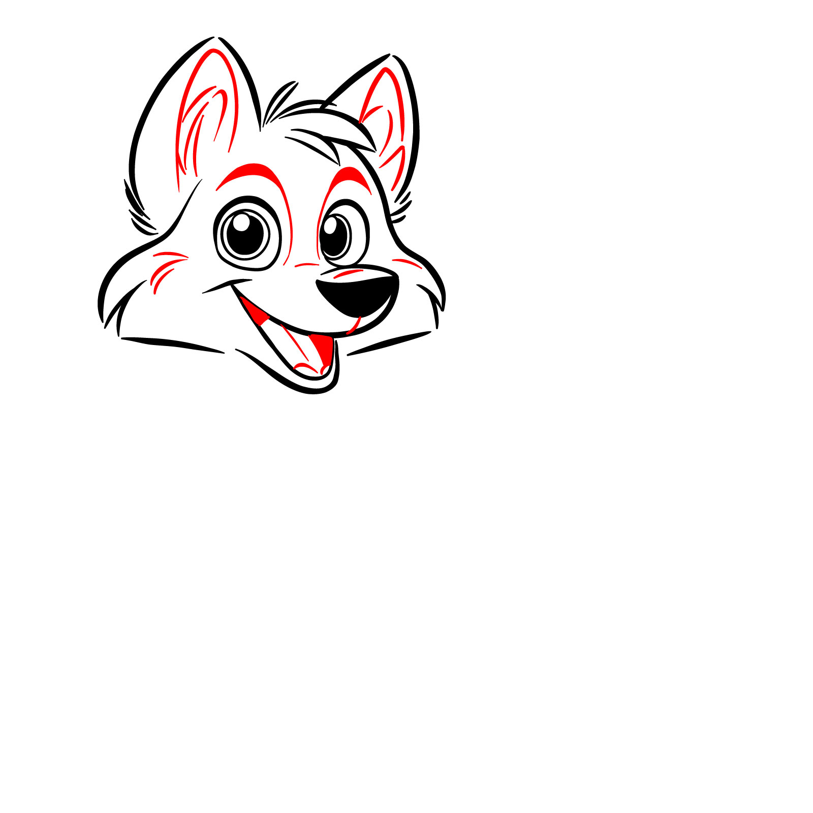 Detailed expression and fur added to a cartoon wolf drawing - step 09