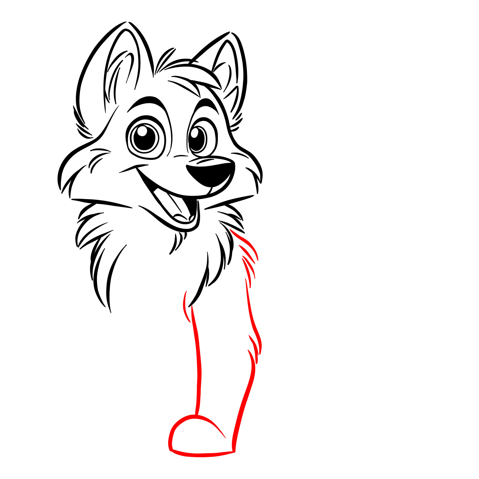 First front leg added to the cartoon wolf sketch - step 11