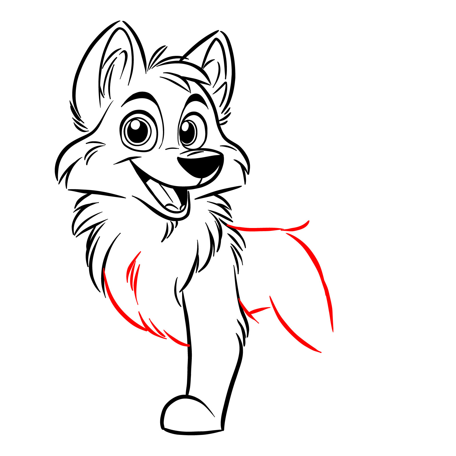 Drafting the body and initial rear leg shape of a cartoon wolf - step 12