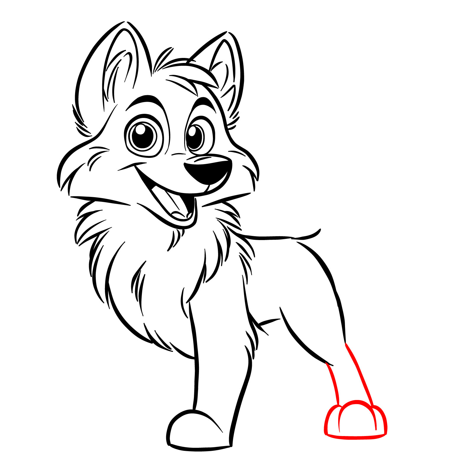 Finalizing the first rear leg and paw in a cartoon wolf drawing - step 13