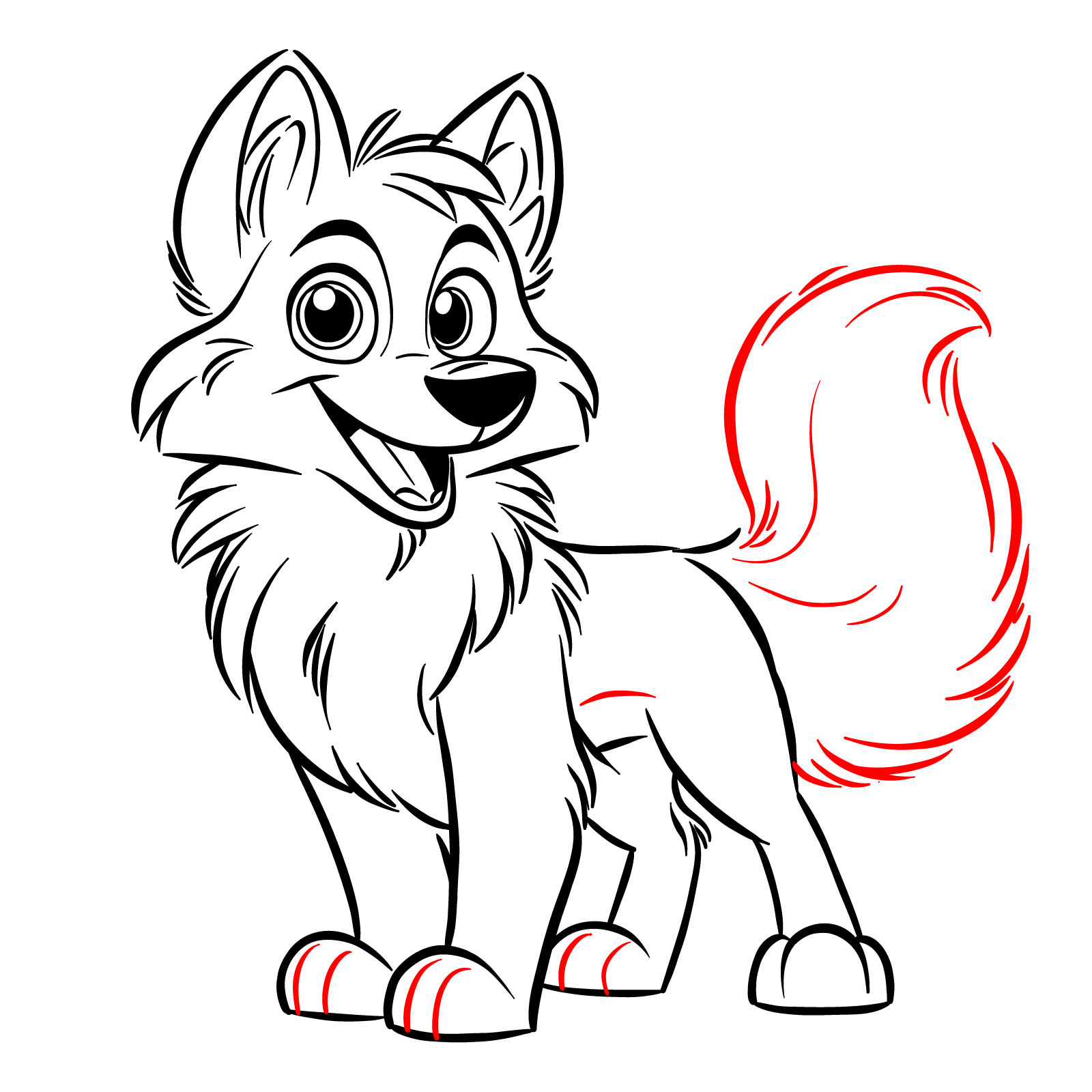 Dividing the paws and tail detailing on a cartoon wolf - step 15