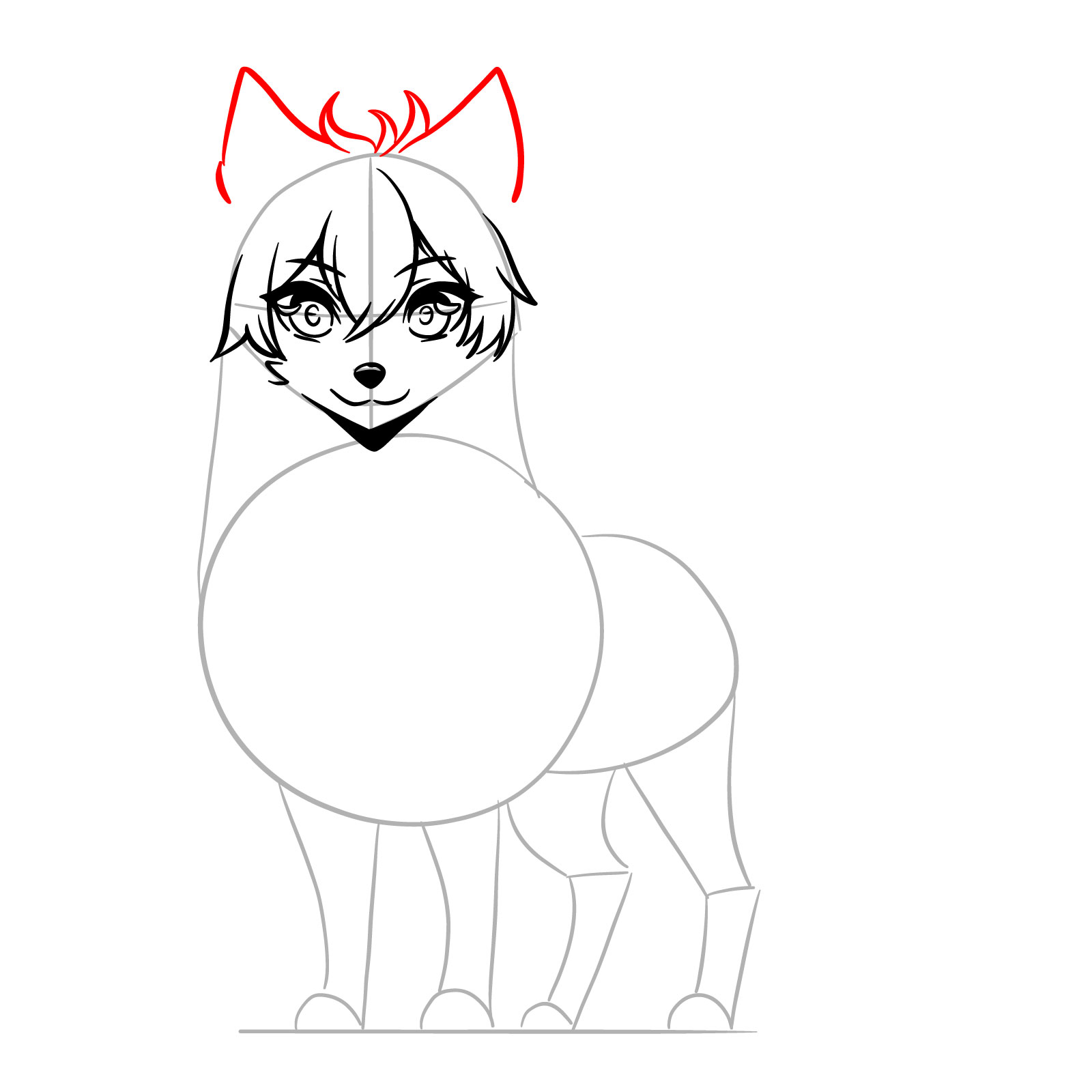 Defining the ears and forelock of the anime wolf sketch - step 08