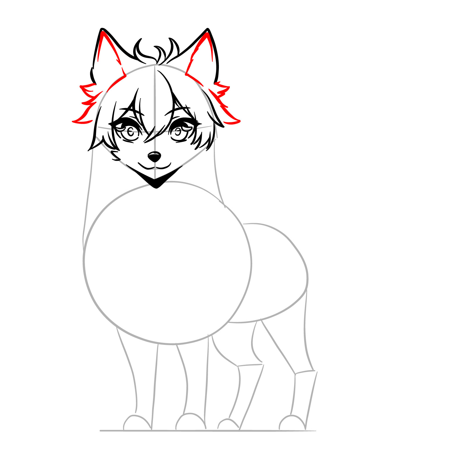 How to draw an anime wolf - finalizing the head details with ear and fur texture - step 09