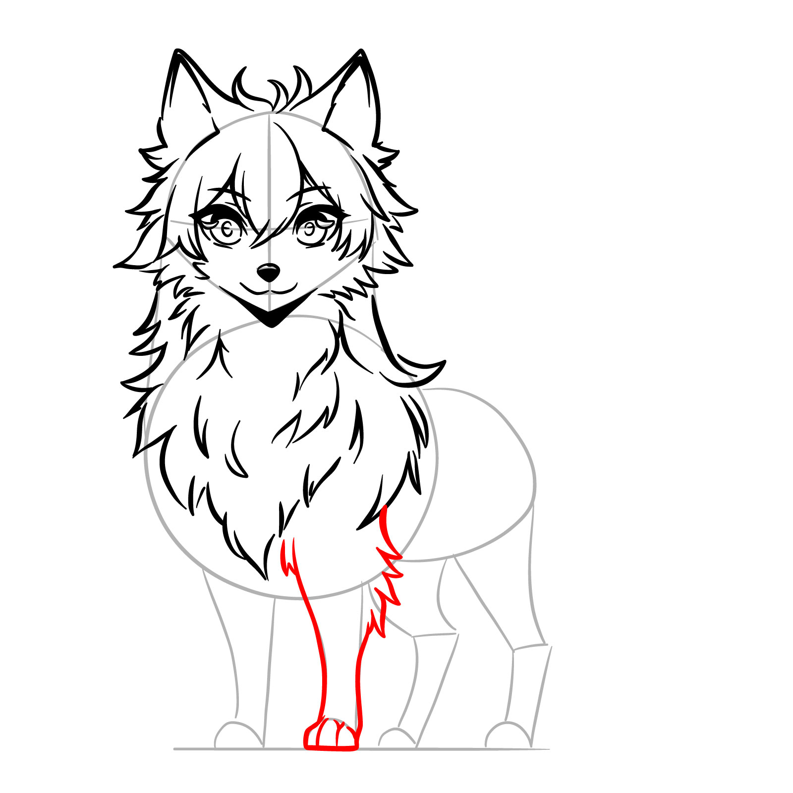 Initial outline of anime wolf's front leg in drawing - step 12