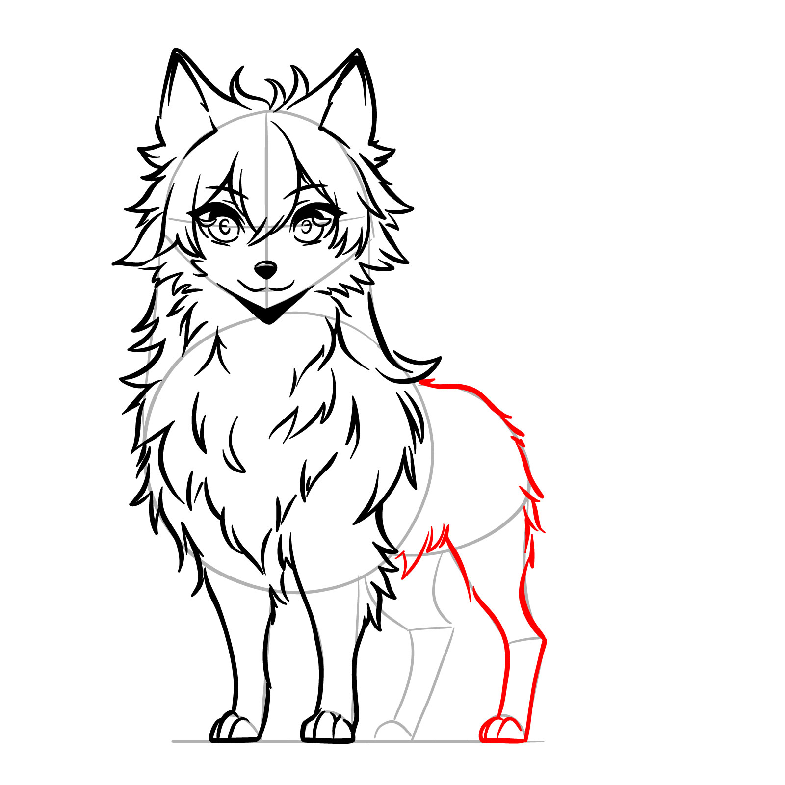 Anime wolf drawing progress with body and rear leg outlines - step 14