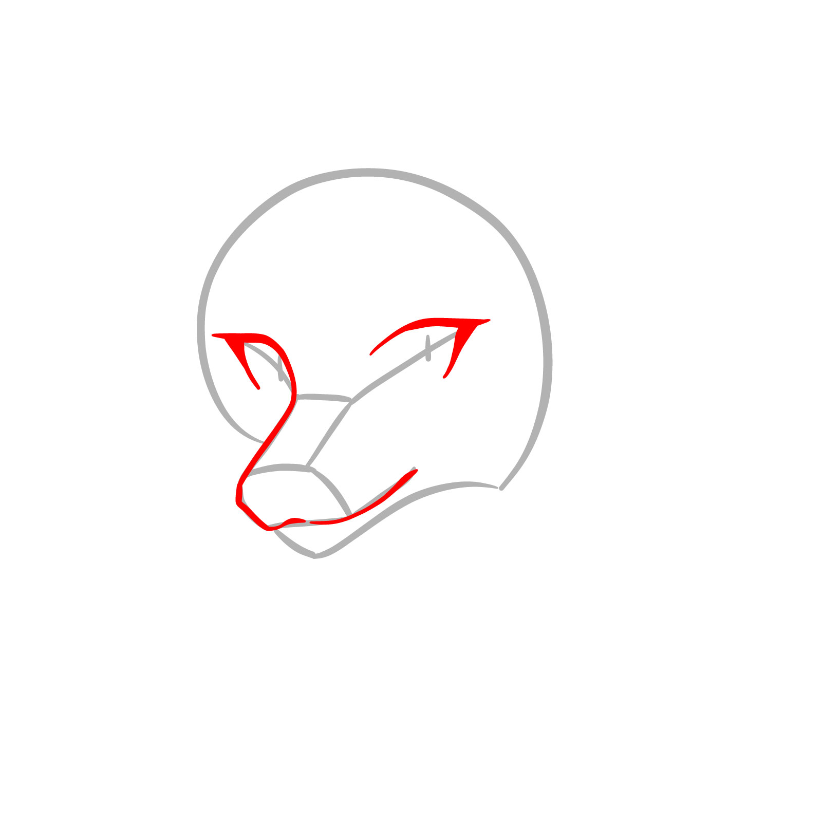 Step 3 of an anime wolf face guide, detailing the snout and eye outlines