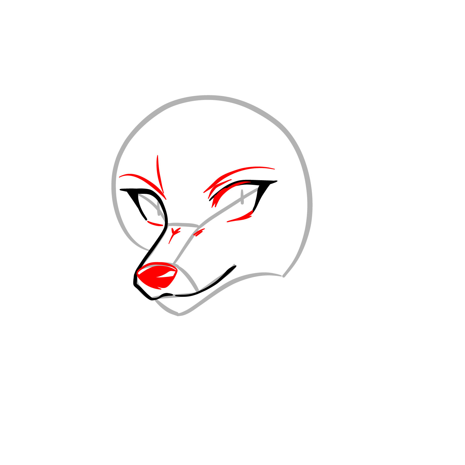 Step 4 in sketching an anime wolf face, refining eyes and adding nose and eyebrows
