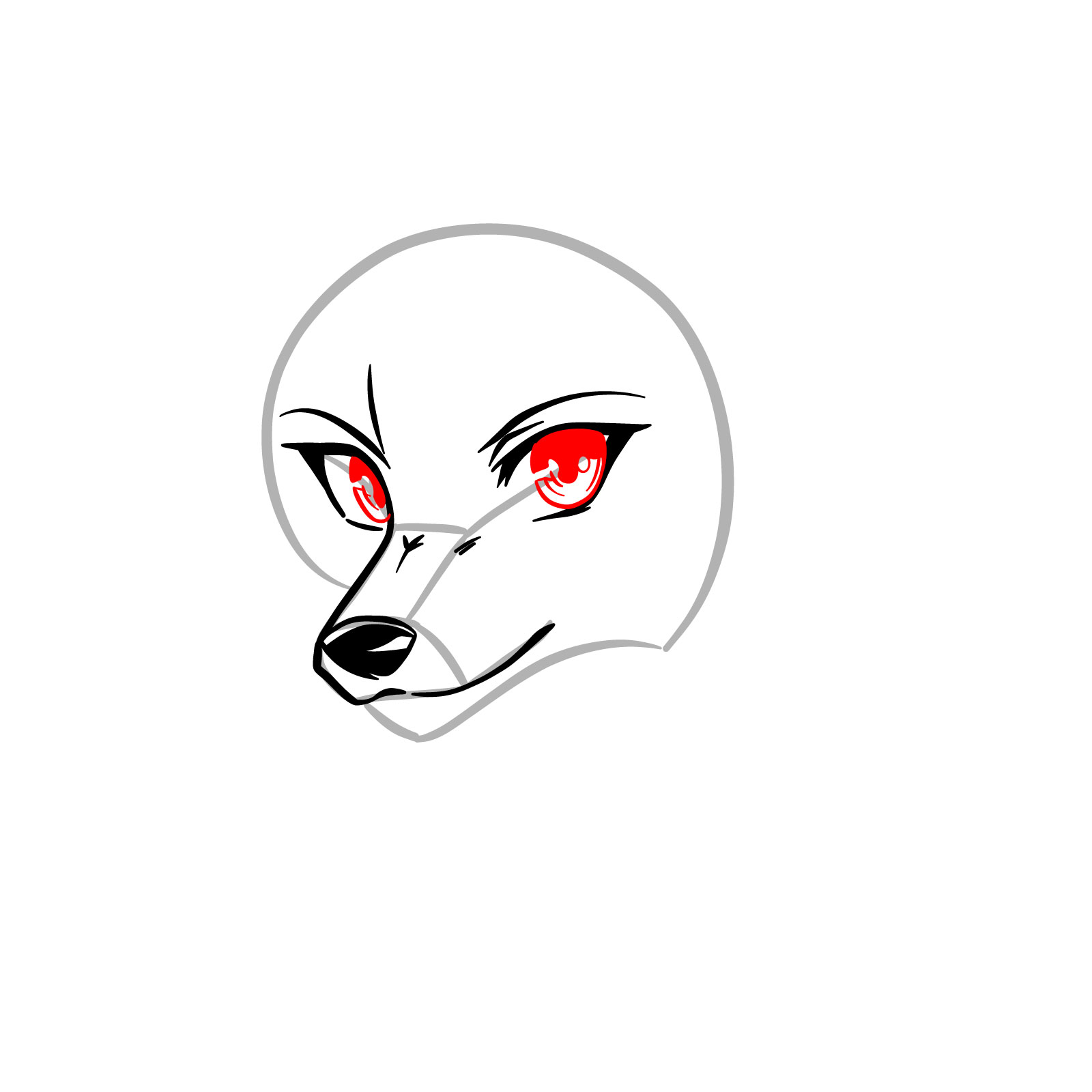 Anime wolf face drawing progression, step 5 focusing on the eyes - step 05