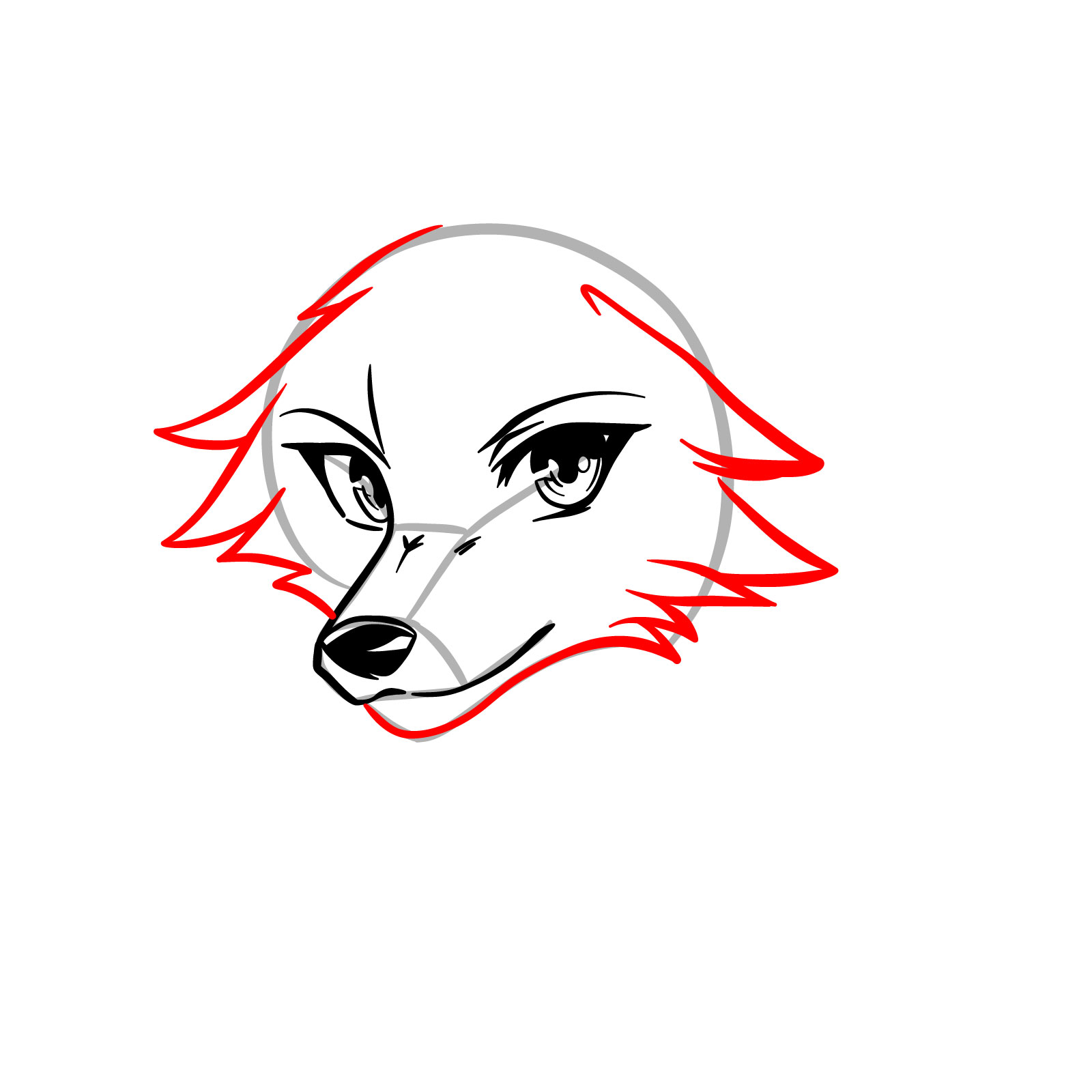 Next step in an anime wolf face drawing, adding the furry texture - step 06