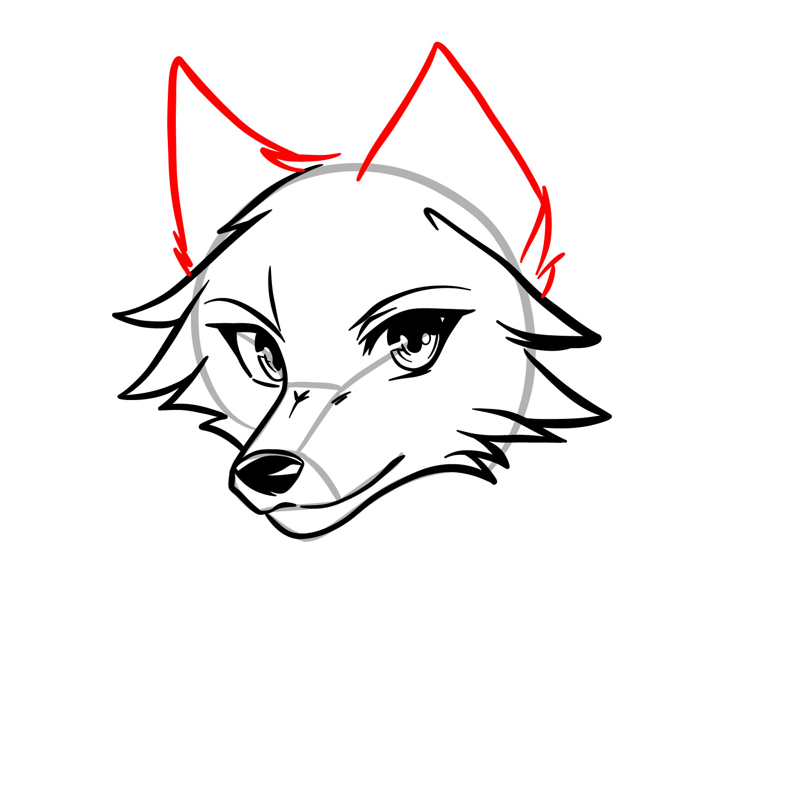 Step 7 of how to draw an anime wolf face, focusing on adding the ears